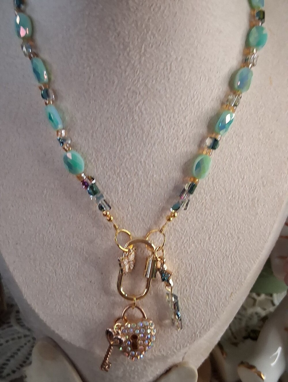Beaded Aqua Turquoise Necklace with Gold Key Charm